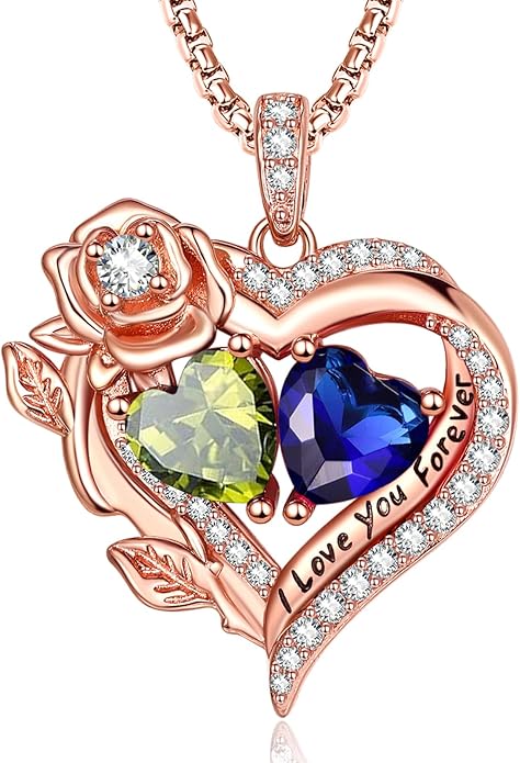 Rose Heart Necklaces for Women, Rose Gold Forever Love Jewelry with 2 Birthstones Pendant, Christmas Anniversarry Birthday Gifts for Her Wife Mom Grandma, 18+2 Inch Chain