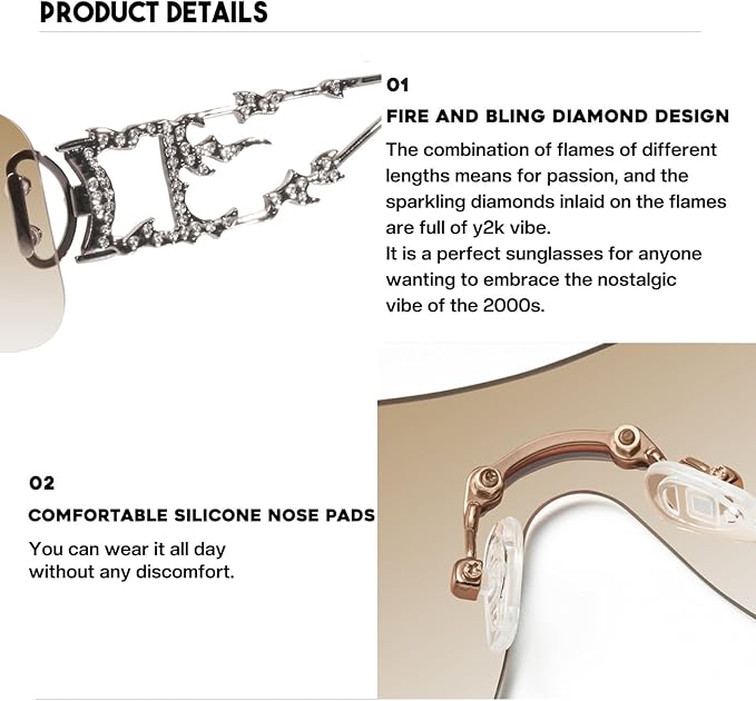 mosanana Y2K Rhinestone Flame Rectangle Sunglasses for Women with Bling Glitter MS52350