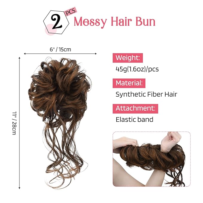 HOOJIH 2PCS Messy Bun Hair Piece, Tousled Updo with Tendrils Bun Extensions Wavy Curly Hair Wrap Ponytail Hairpieces Scrunchies for Women HB010 Dasiy - Black Brown with Golden Brown Mixed