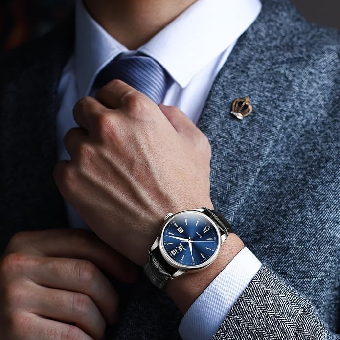 OLEVS Men Leather Watch,Mens Wrist Watches,Big Face Watches for Men,Leather Band Watches for Men,Day Date Watches for Men,Waterproof Watches for Men,Men Classic Watch,Reloj para Hombres