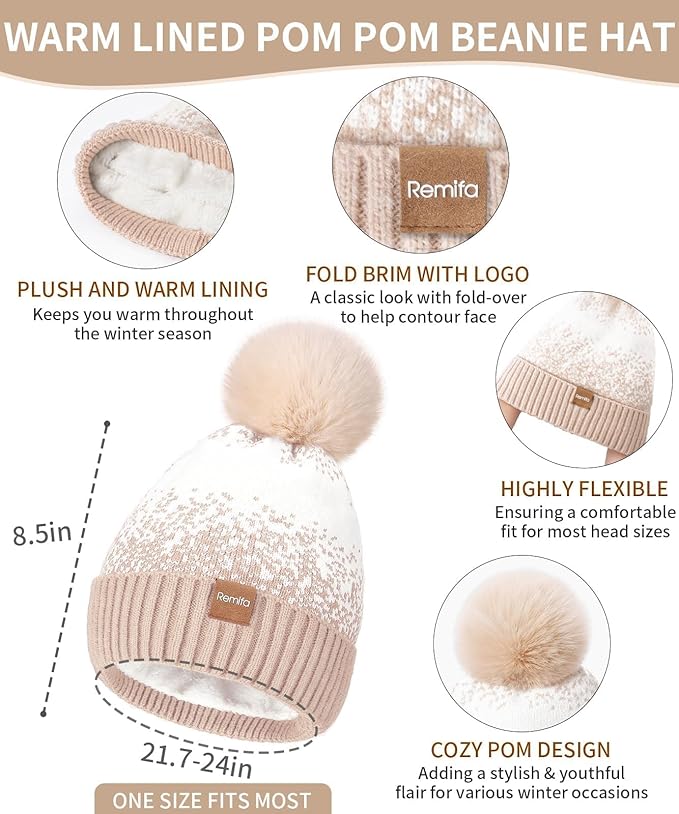 Remifa Womens Winter Beanie Hat Scarf Gloves Set, Pom Pom Warm Hat Long Knit Scarf Touchscreen Gloves 3 In 1 Christmas Gift