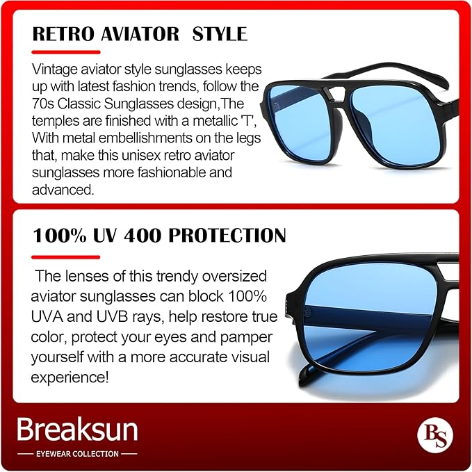 Retro Aviator Sunglasses for Women Men Trendy Classic 70s Square Aviator Sun Glasses Vintage Shades
