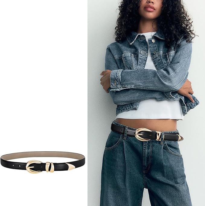 Belts for Women with Gold Buckle – Adjustable Black leather Belt for Jeans, Dress, Pants