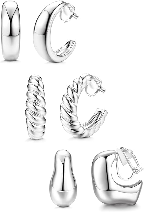 BESTEEL 3Pairs Clip on Earrings for Women Trendy Hypoallergenic 14K Gold Plated Chunky Tube Croissant Waterdrop Clip-on Hoop Earrings Set Fake Jewelry Non Pierced Ears