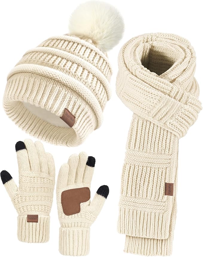 Remifa Winter Beanie Hat Scarf Gloves Set for Women, Slouchy Pom Pom Hat Long Knit Scarf Touchscreen Gloves Christmas Gifts