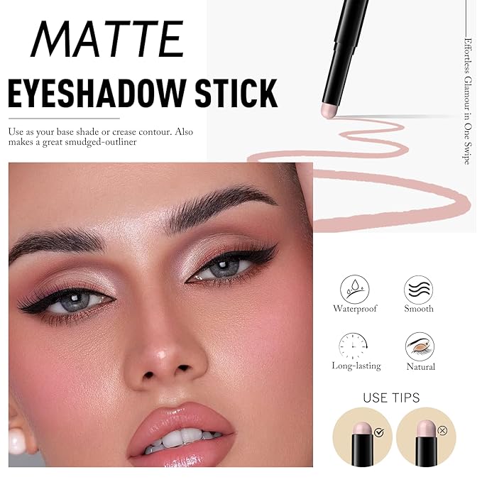 Cream Eyeshadow Stick, Grey Dusty Pink Matte Eye Shadow Pencil Waterproof & High Pigmented Crease-Proof Neutral Eyeliner Blendable Rose Eyeshadow Crayon Daily Makeup for Women