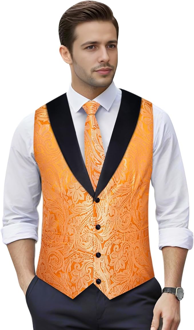 DiBanGu Mens Paisley Suit Vest Silk Jacquard Waistcoat and Necktie Set Formal Shawl Collar Dress Vest 7PCS for Wedding Party