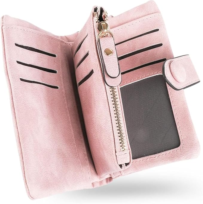 Women's Leather Wristlet Wallet, Bifold RFID Purse with ID Window, Zipper Coin Pocket for Daily Essentials (Pink)