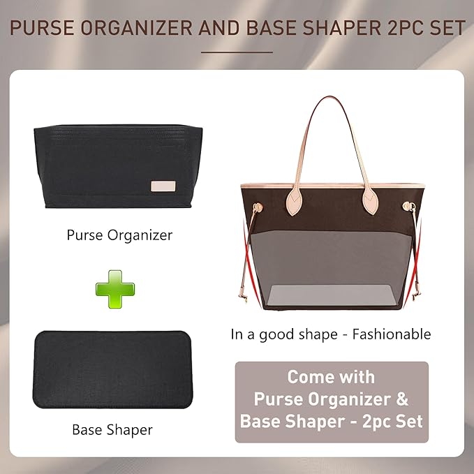Doxo Purse Organizer Insert, Felt Bag Insert Tote Shaper Fit LV Speedy 30, Neverfull PM & Base Shaper 2pc Set (Medium-Black-Combination)