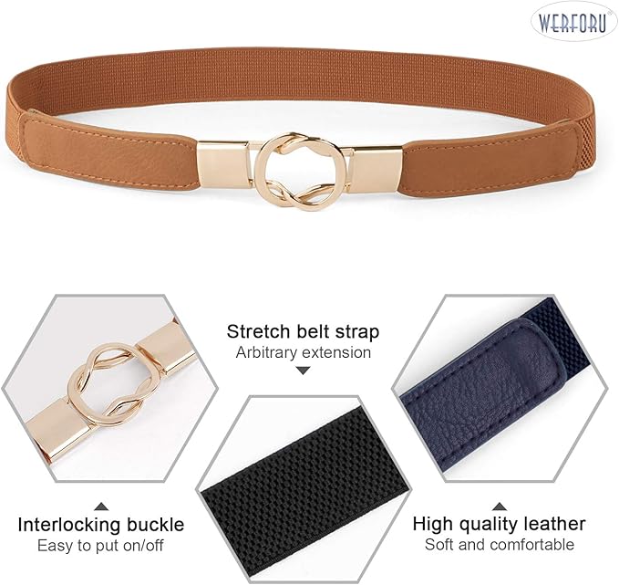 WERFORU Women Skinny Belt for Dresses Retro Stretch Waist Belt with Gold Buckle Set of 4
