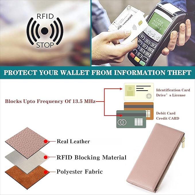 Slim Blue Wallet for Women, RFID Blocking Genuine Leather Bifold with Secure Zippered Coin Pocket (Pink)