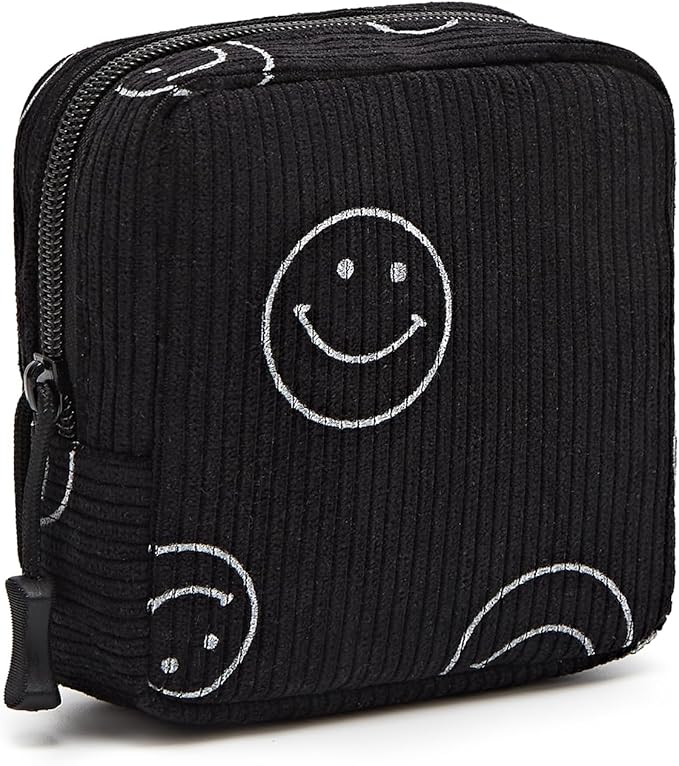 Small Makeup Bag for Purse,Mini Cosmetics Bag cute Zipper corduroy Cosmetic Pouch Storage Pouch Travel Toiletry Organizer for Women Girls(Smiley Face,Black)