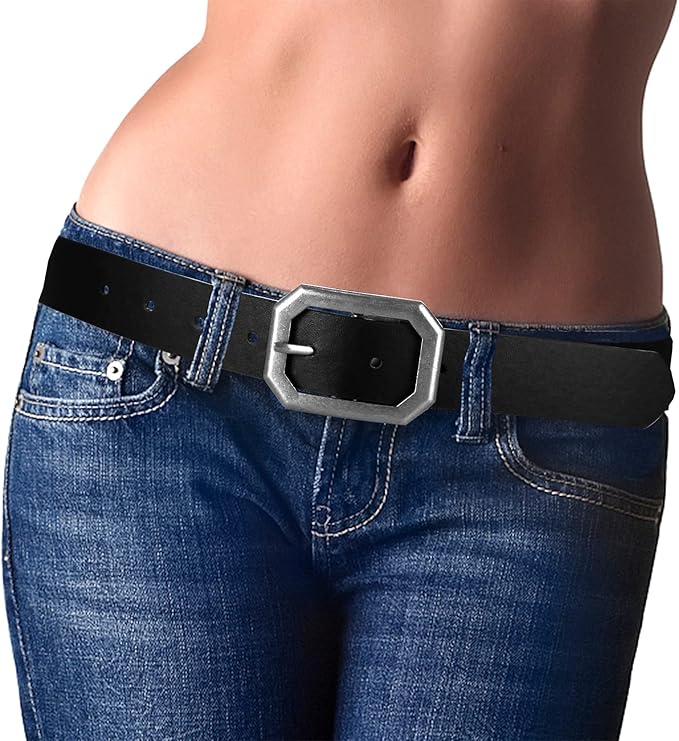 Reversible 1.3" Leather Belt for Women - Vintage Silver Buckle Fashion Belt for Jeans and Dresses