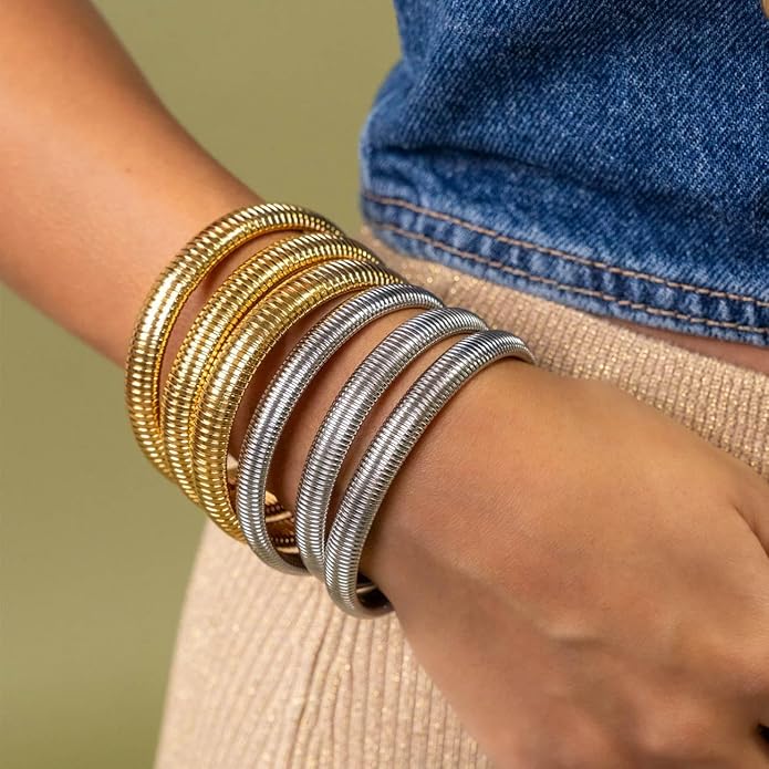 MISS RIGHT Gold Chunky Stretch Snake Chain Bangle Bracelets Stack for Women Trendy, 18K Gold Filled Stainless Steel Stretchy Womens Stackable Wristband Bangles Bracelet Set