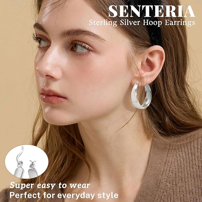 Senteria 12mm Wide Thick Hoop Earrings 925 Sterling Silver Hoop Earrings for Women Hypoallergenic 14K Real Gold Plated Hoops Large Earring Lightweight Chunky Hoops Earring for Women 25/30/40/50MM