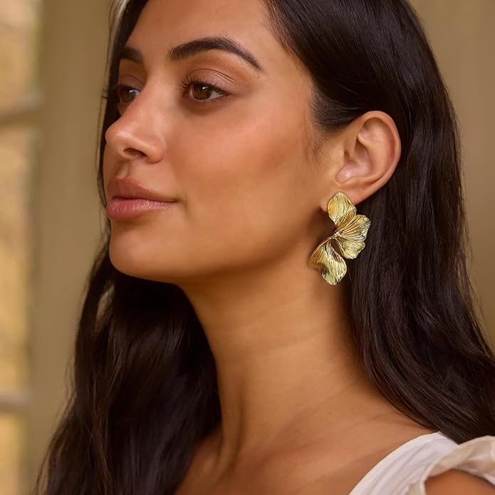 Gold Flower Statement Earrings for Women, 14K Gold Plated Large Irregular Leaf Floral, Big Chunky Dangle Earrings Set