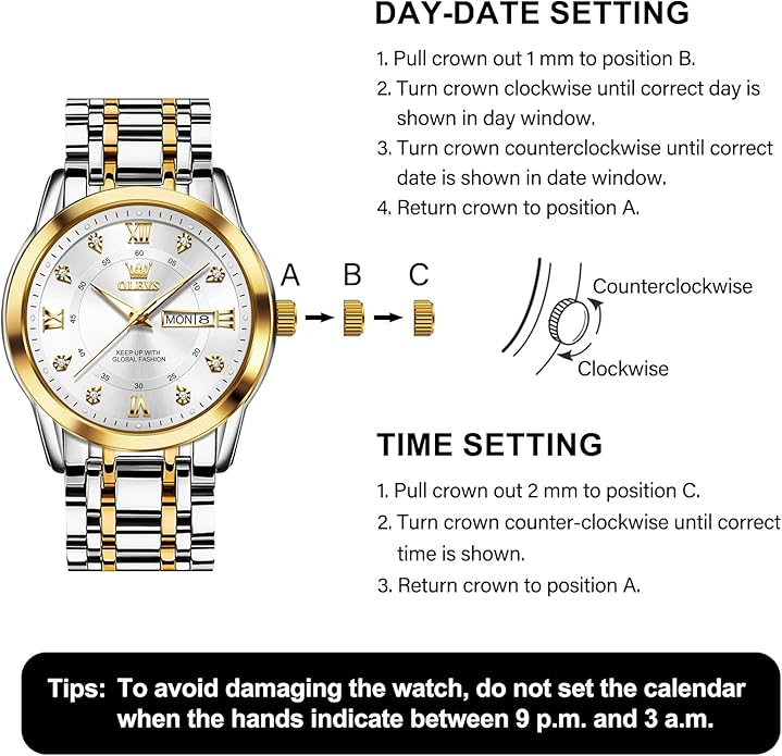 OLEVS Men's Stainless Steel Watch, Large Face Roman Numerals Diamond Accented Three-Hand Analog Quartz Watches for Men, Easy to Read Day Date Waterproof Luminous Mens Wristwatch