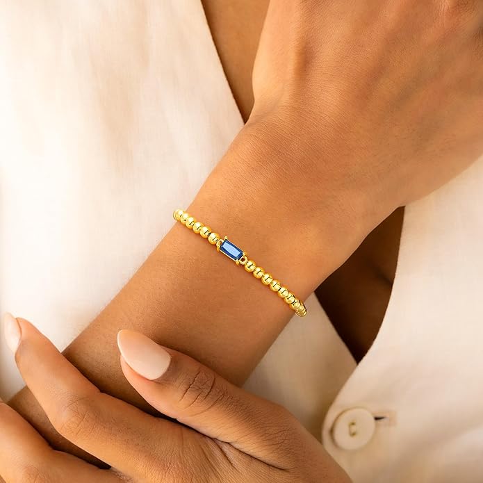 Yoosteel Dainty Birthstone Bracelet for Women - Elastic 14K-Gold-Plated Bead Bracelets Trendy Friendship Birthday Jewelry Gifts for Women