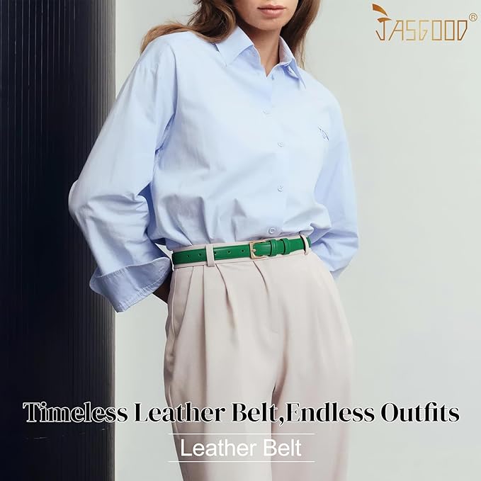 JASGOOD Women Leather Belt Fashion Ladies Skinny Leather Waist Belt for Pants Jeans Dress with Gold Buckle