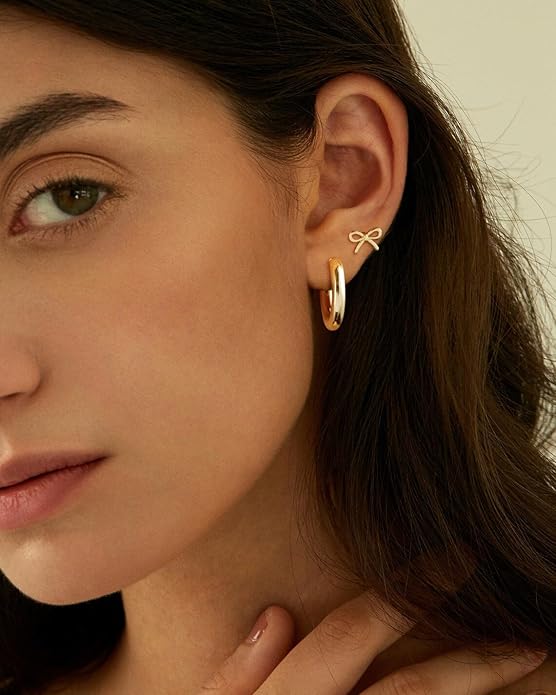 ASCOMY Gold Stud Earrings for Women - Dainty Bow 14K Gold/Silver Plated Pearl Earrings - Trendy Cute Ribbon Minimalist Jewelry Gifts for Her