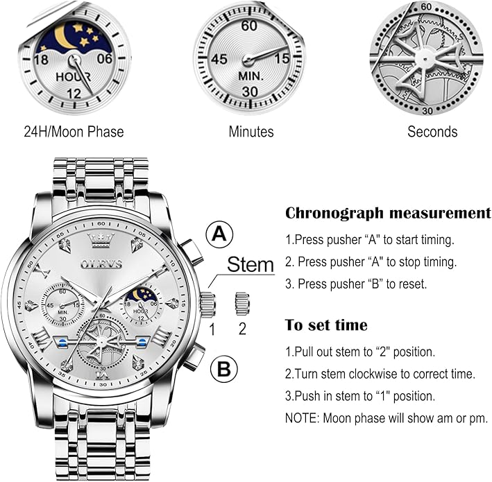 OLEVS Men Watches Stainless Steel Chronograph Watch, Large Wrist Analog Quartz Watch, Fashion Waterproof Diamond Roman Numerals Dress Watches for Men, Gold/Black/White/Blue/Grey Dial