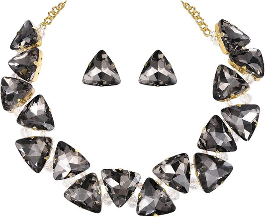 BriLove Art Deco Sparkly Triangle Statement Necklace Earrings Set for Women