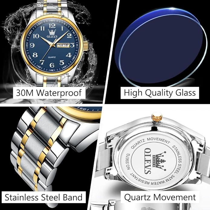Men's Casual Stainless Steel Watch, Big Face Easy to Read Analog Quartz Watch with Day and Date, Classic Waterproof Diamond Roman Arabic Numerals Dial Dress Watch for Men, Gold Silver Black Band