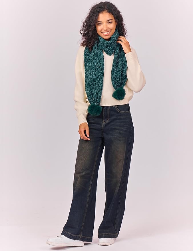 Womens Chenille Scarf with Pompom Winter Knit Warm Scarves for Cold Weather with Gift Box