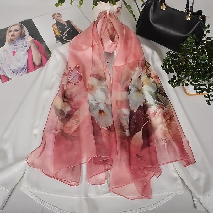 100% Mulberry Silk Women's Neck Silk Scarf-Lightweight Shawl,FLoral Print Beach Silk Wrap-Scarves for Photography