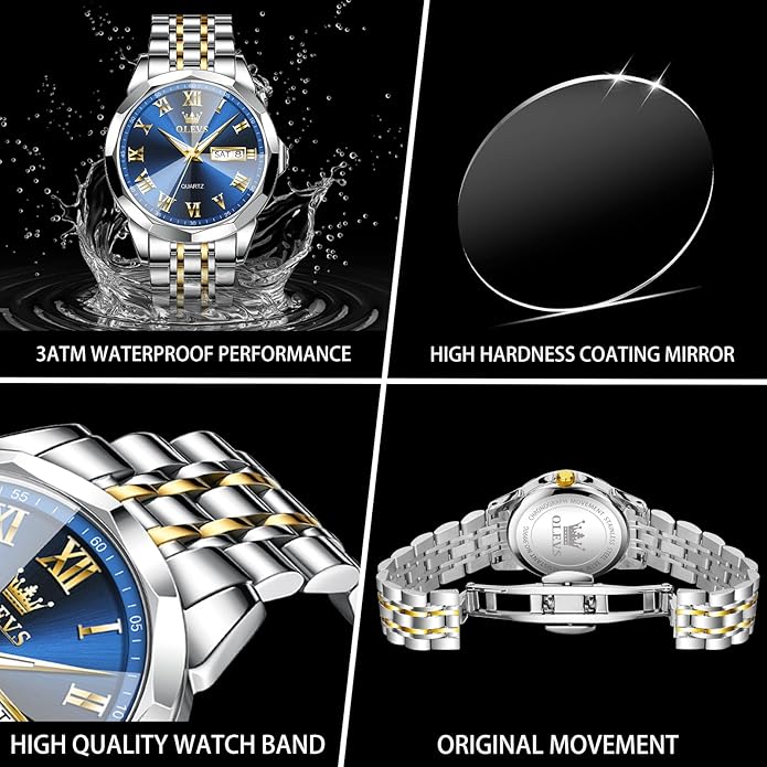 OLEVS Classic Men Watches with Date,Stainless Steel Man Watch with Date, Bussiness Watches for Men,Luminous Quartz Mens Watches Black/White/Blue/Gold, Waterproof Male Watch with Week