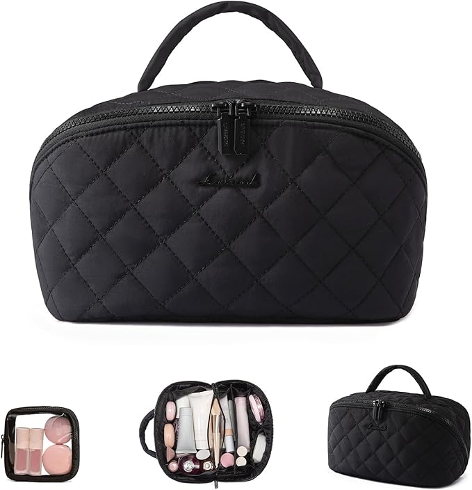 LOVEVOOK Travel Makeup Bag for Women, 2Pcs Puffer Waterproof Cosmetic Organizer, Large Capacity Pouch Open Flat Small Toiletry Bag with Brush Compartment & Handle (Black, Medium)