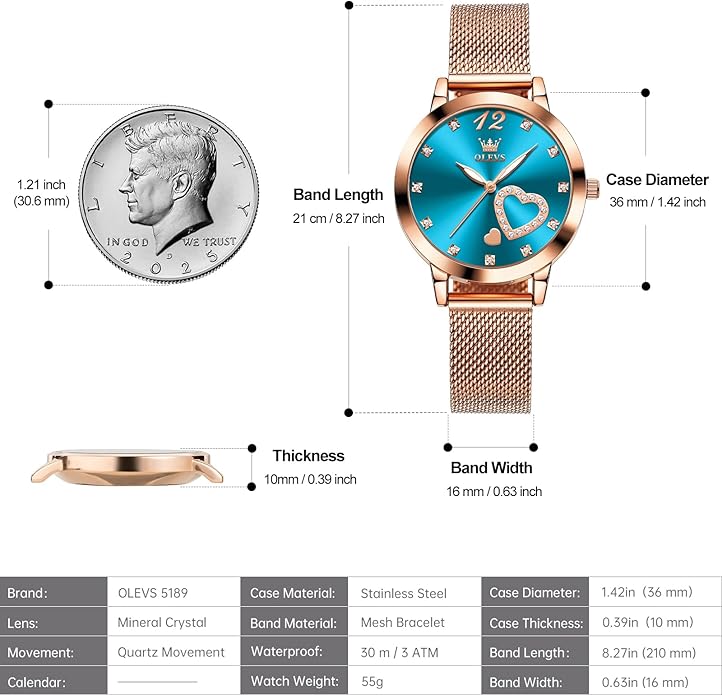 OLEVS Women's Small Wrist Rose Gold Tone Watch - Cute Diamond Heart Arabic Numerals Dial, Fashion Waterproof Mesh Bracelet Analog Dress for Ladies