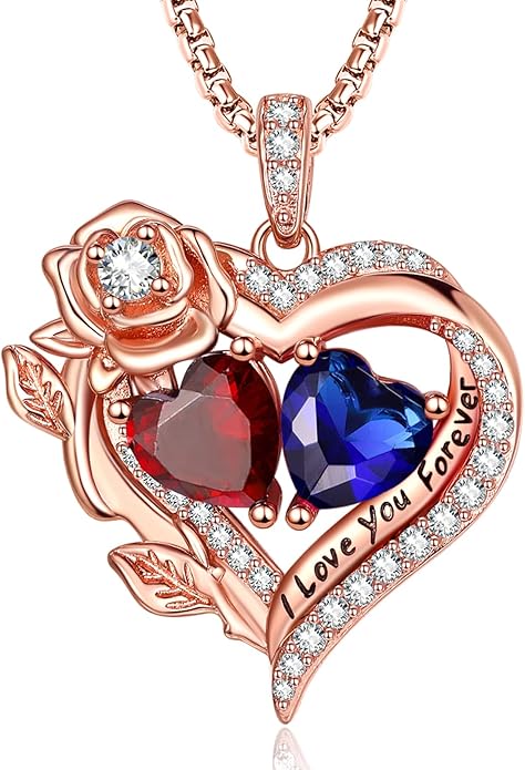 Rose Heart Necklaces for Women, Rose Gold Forever Love Jewelry with 2 Birthstones Pendant, Christmas Anniversarry Birthday Gifts for Her Wife Mom Grandma, 18+2 Inch Chain