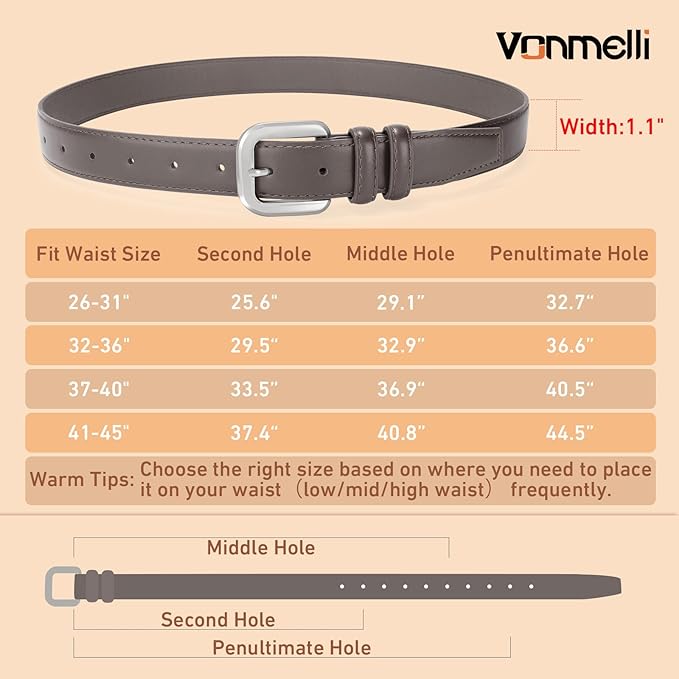 VONMELLI Leather Belts for Women Fashion Wasit Ladies Belt for Jeans Pants Dresses with Pin Buckle