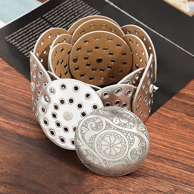 Wide Disc Belt for Women Vintage Hollow Boho Leather Belt Western Chunky Waist Belt Cowboy Metal Buckle Concho Belts