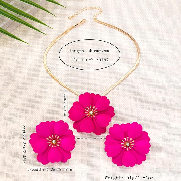 Vintage Flower Necklace Earring Set Gold Snake Chain Necklace Bohemian Red Flowers Choker Necklaces Hypoallergenic Statement Flower Stud Earrings Elegant Bridal Wedding Summer Beach Jewelry