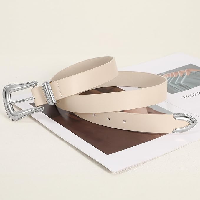 Genuine Leather Belt for Women - Silver Buckle Strap for Jeans & Dresses