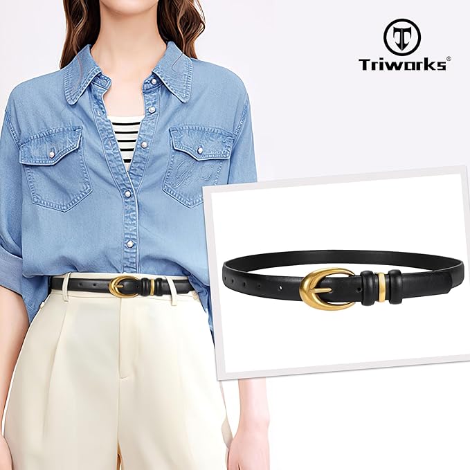 TRIWORKS Women Leather Belt for Jeans Pants Fashion Ladies Skinny Faux Leather Dress belt with Gold Buckle