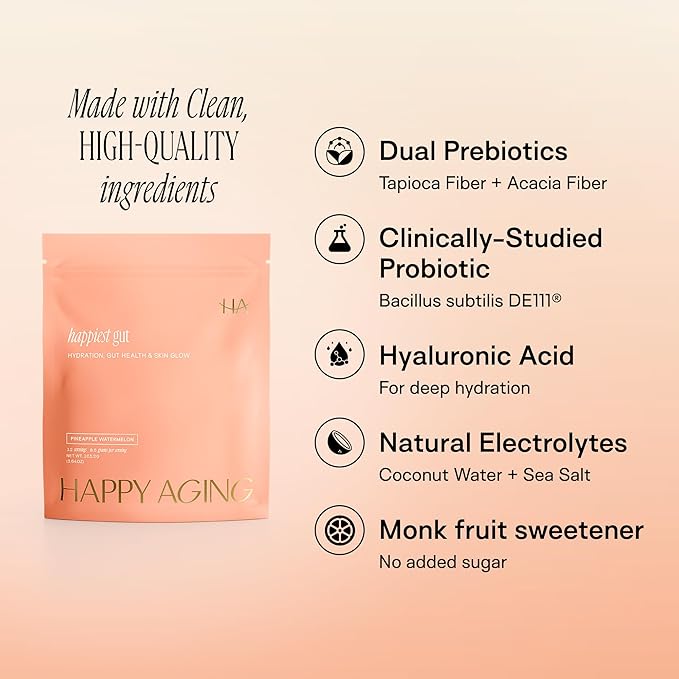 Happy Aging Happiest Gut Hydration Powder – Electrolytes + Probiotics + Dual Prebiotics + Hyaluronic Acid – Gut Balance, Skin Hydration & Daily Wellness – 12 Sticks (Pineapple Watermelon)