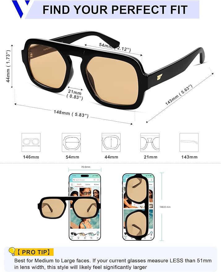 VANLINKER Oversized Retro Square Aviator Sunglasses for Women Men 70s Vintage Style Trendy Big Flat Top Sun Glasses VL9826