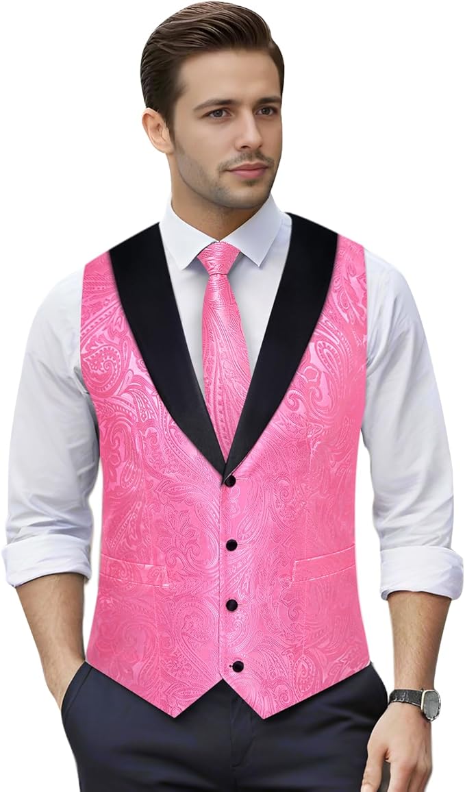 DiBanGu Mens Paisley Suit Vest Silk Jacquard Waistcoat and Necktie Set Formal Shawl Collar Dress Vest 7PCS for Wedding Party