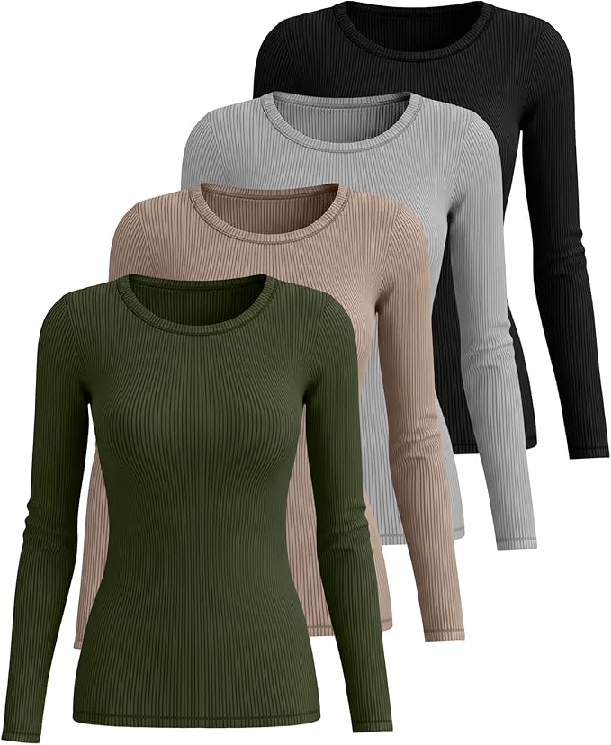 Neer 4 Pack Women's Ribbed Long Sleeve Shirts, Cotton Crew Neck Slim Fit Tops Stretch Knit Casual Base Layer Basic Tee Shirts