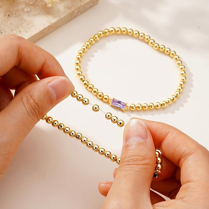 Yoosteel Dainty Birthstone Bracelet for Women - Elastic 14K-Gold-Plated Bead Bracelets Trendy Friendship Birthday Jewelry Gifts for Women
