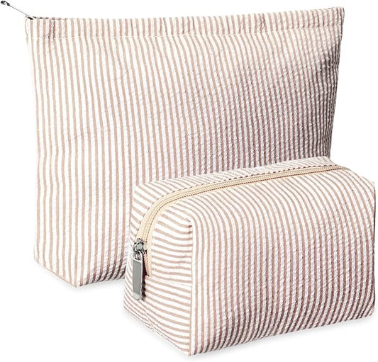 2 Pieces Makeup Bag Set Cute Cosmetic Pouch for Women Seersucker Travel Toiletry Bag Preppy Small Makeup Purse Pouch Aesthetic Skincare Brushes Storage Organizer for Christmas Women(Khaki)