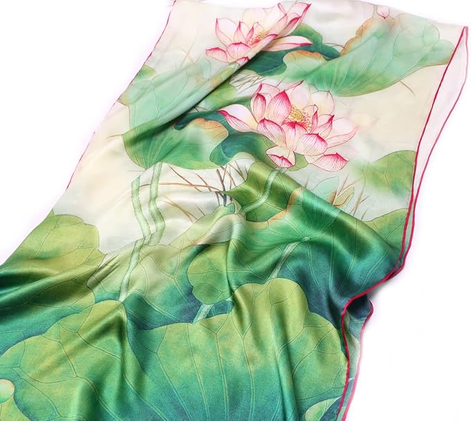 100% Mulberry Silk Scarfs for Women Floral Print Satin Long Scarf for Headscarf Hair Wraps Shawl with Gift Packed