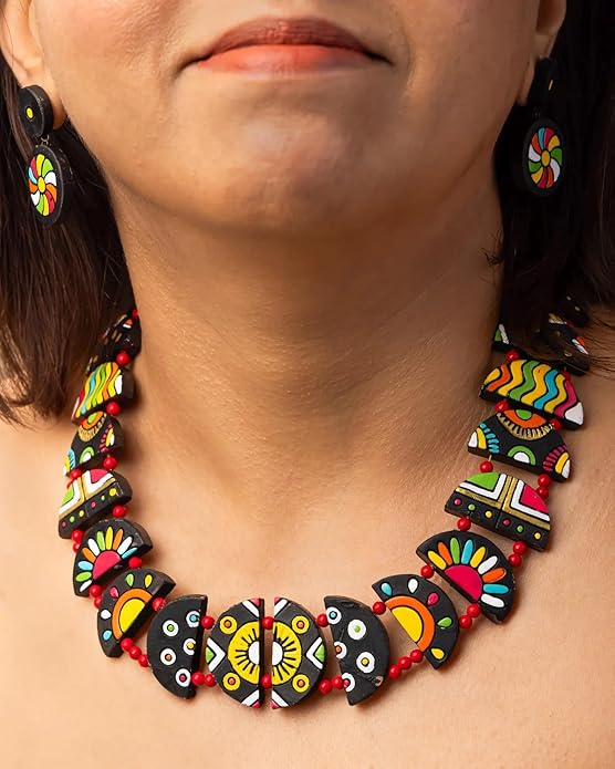 Celestial Creations Handmade Terracotta Necklace and Earrings Set – Boho Tribal Statement Jewelry for Women, Eco-Friendly Festival & Party Wear Gift