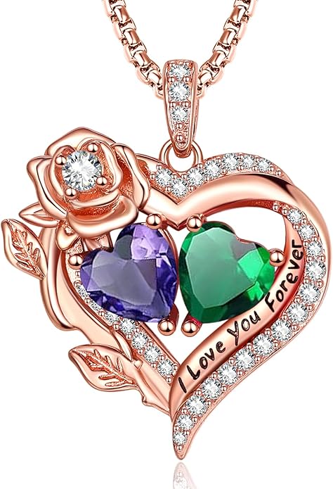 Rose Heart Necklaces for Women, Rose Gold Forever Love Jewelry with 2 Birthstones Pendant, Christmas Anniversarry Birthday Gifts for Her Wife Mom Grandma, 18+2 Inch Chain