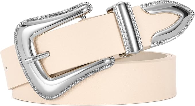 Genuine Leather Belt for Women - Silver Buckle Strap for Jeans & Dresses