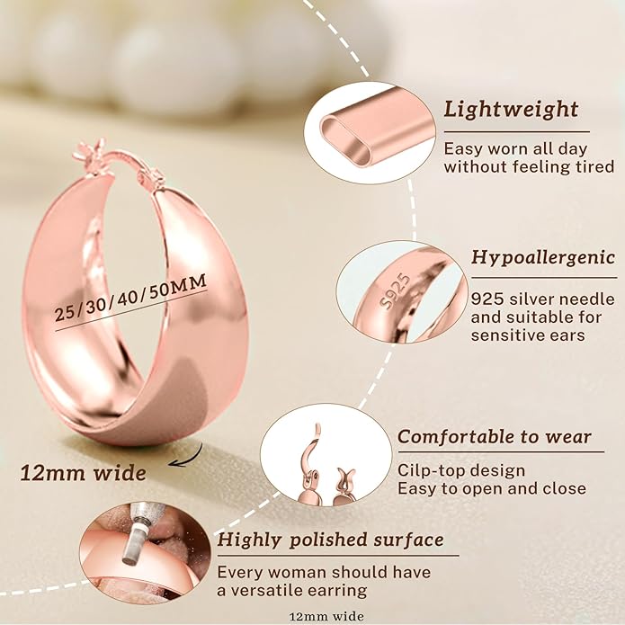 Senteria 12mm Wide Thick Hoop Earrings 925 Sterling Silver Hoop Earrings for Women Hypoallergenic 14K Real Gold Plated Hoops Large Earring Lightweight Chunky Hoops Earring for Women 25/30/40/50MM