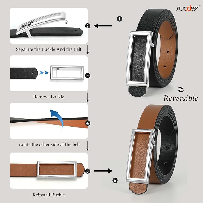 SUOSDEY Women Reversible Leather Belts for Jeans Pants Dresses Ladies Fashion Belts with Gold Buckle, 0.9" Width